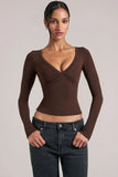 V Neck Long Sleeve Top in Chocolate Brown
