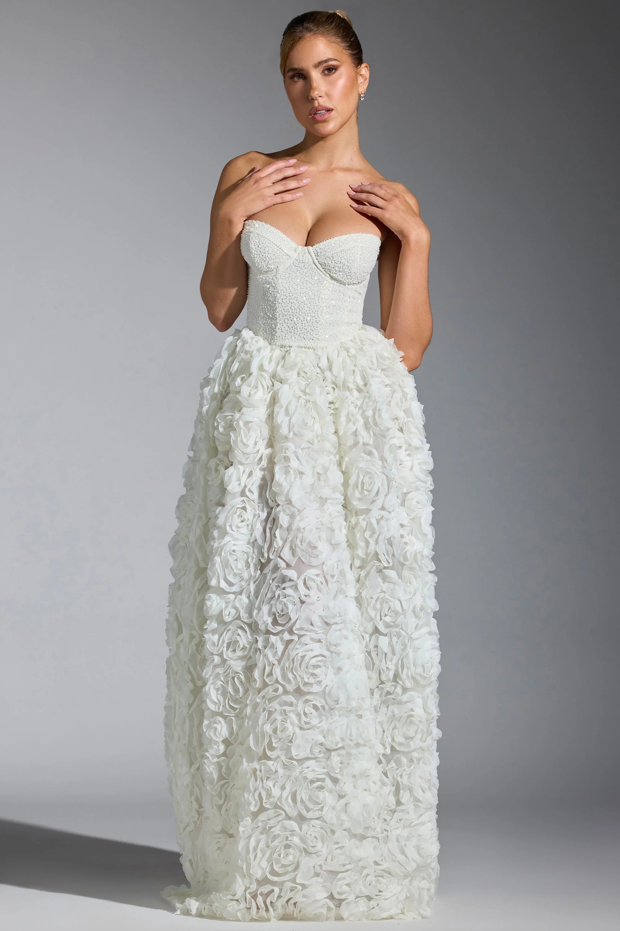 Embellished Floral Appliqué Corset Gown in White