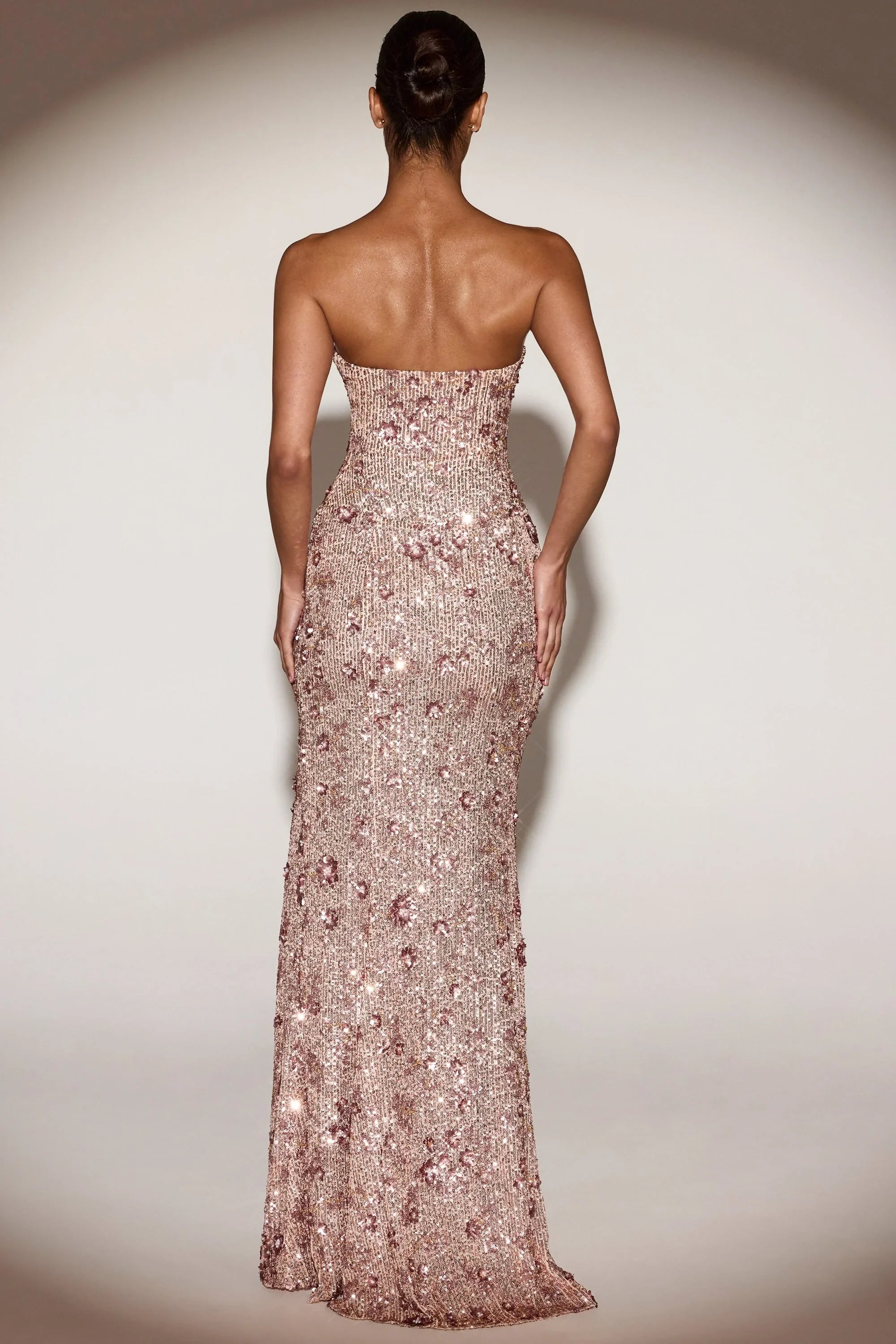 Embellished Bandeau Neck Strapless Gown in Rose Gold