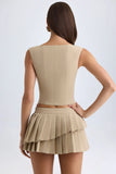 Layered Pleated Low Rise Mini Skirt in Camel