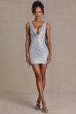 Embellished Plunge Cowl Neck Mini Dress in Diamond