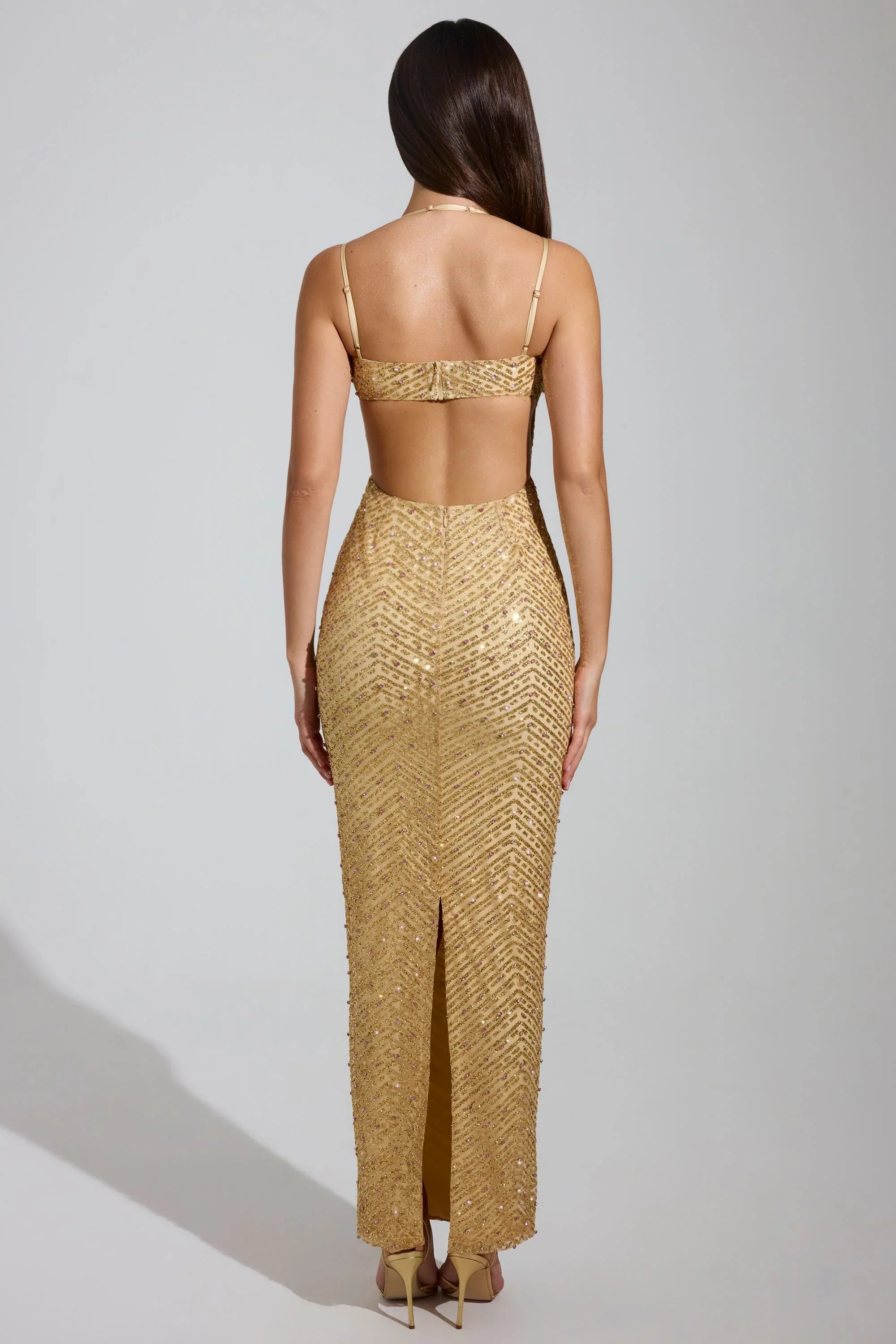 Embellished Cowl Neck Maxi Dress in Gold