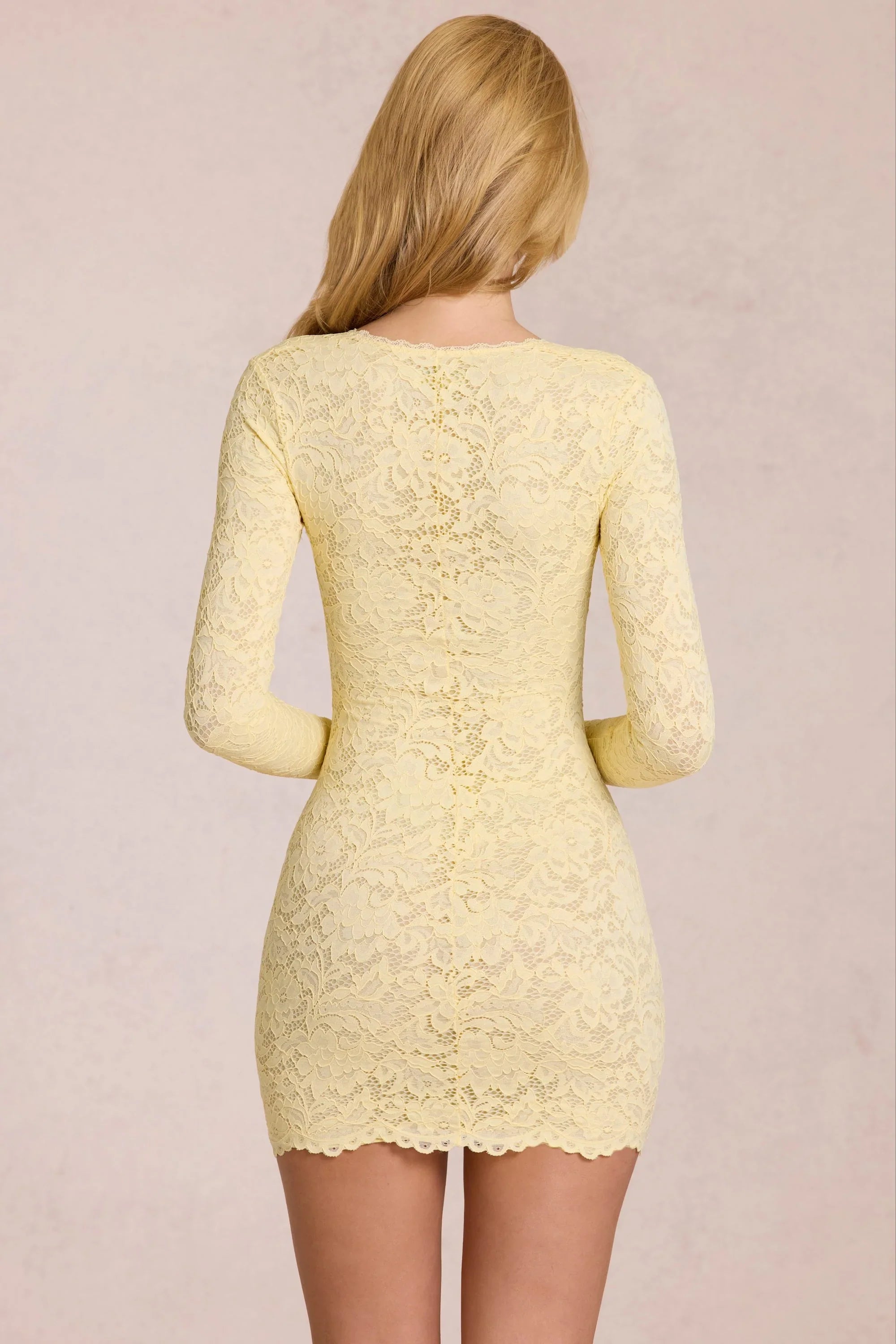 Scalloped Lace Long Sleeve Mini Dress in Lemon Yellow