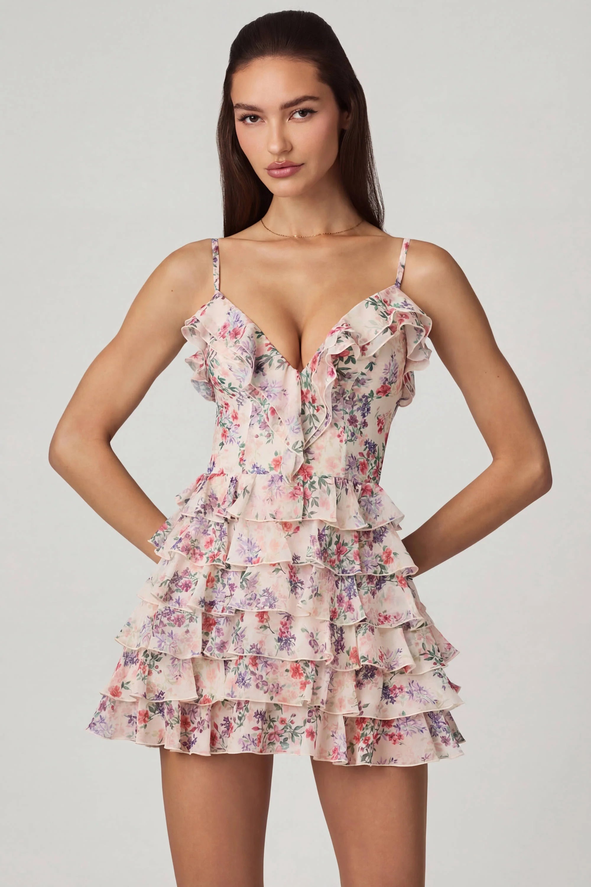 Ruffled Lace Up A Line Mini Dress in Primrose Floral Print