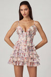 Ruffled Lace Up A Line Mini Dress in Primrose Floral Print