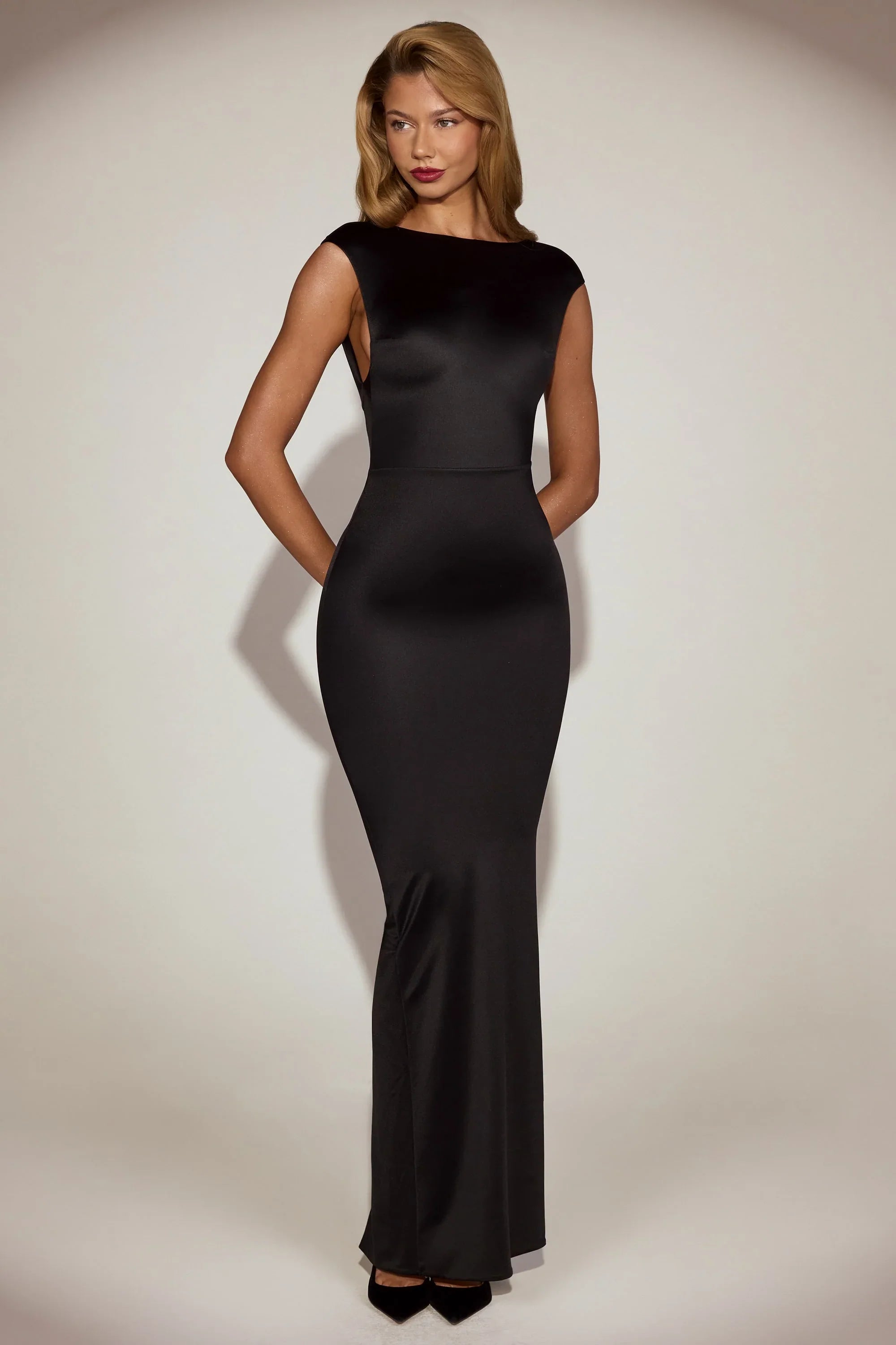 Satin Boat Neck Twist Back Maxi Dress in Black