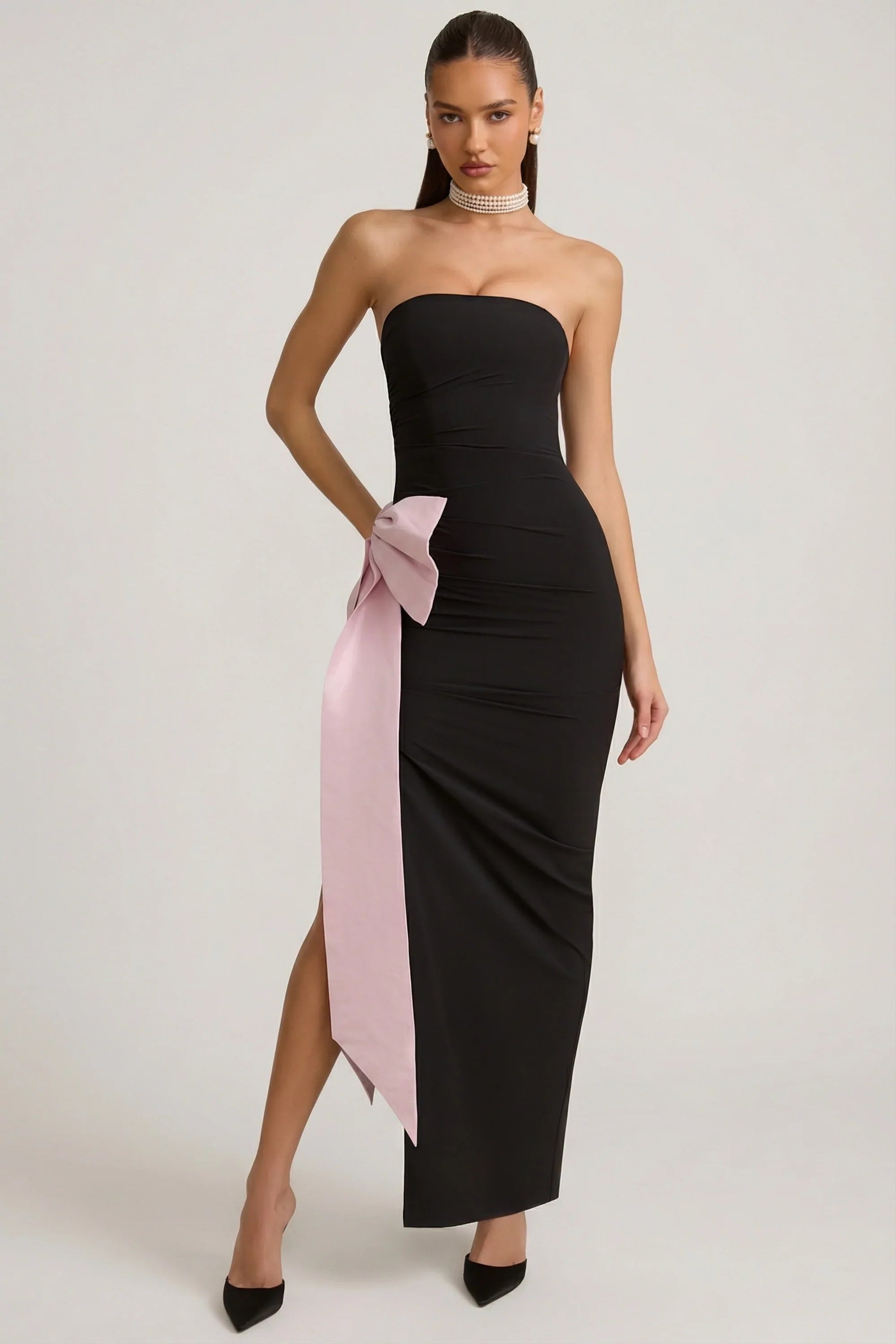 Strapless Bow Detail Maxi Dress in Black