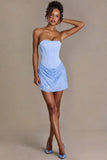 Satin Embellished Skirt Mini Dress in Sky Blue
