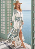 Tie Waist Linen Maxi Dress White Multi