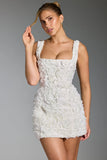 Floral Appliqué Square Neck Corset Mini Dress in White