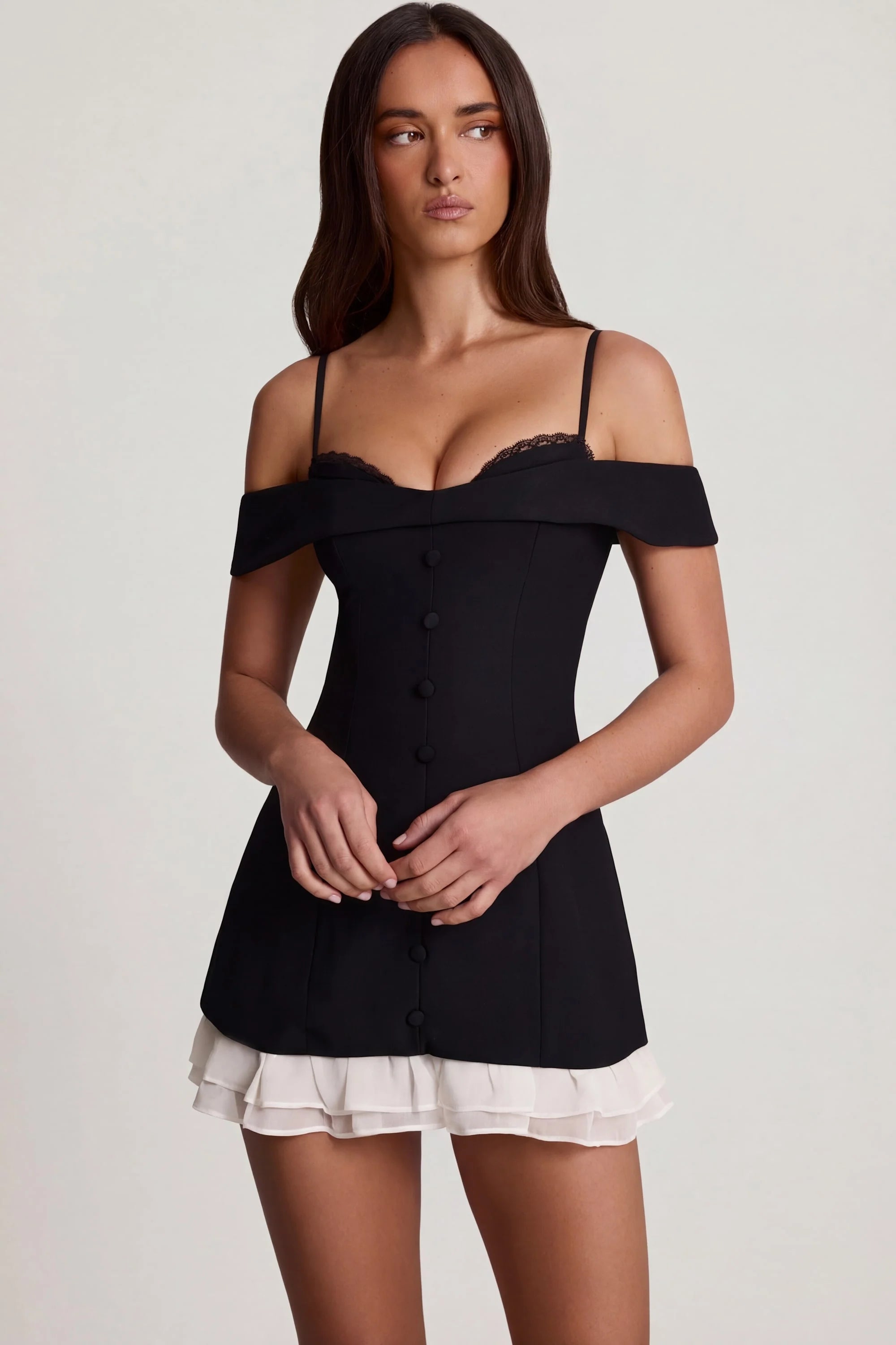 Off Shoulder Ruffle A Line Mini Dress in Black