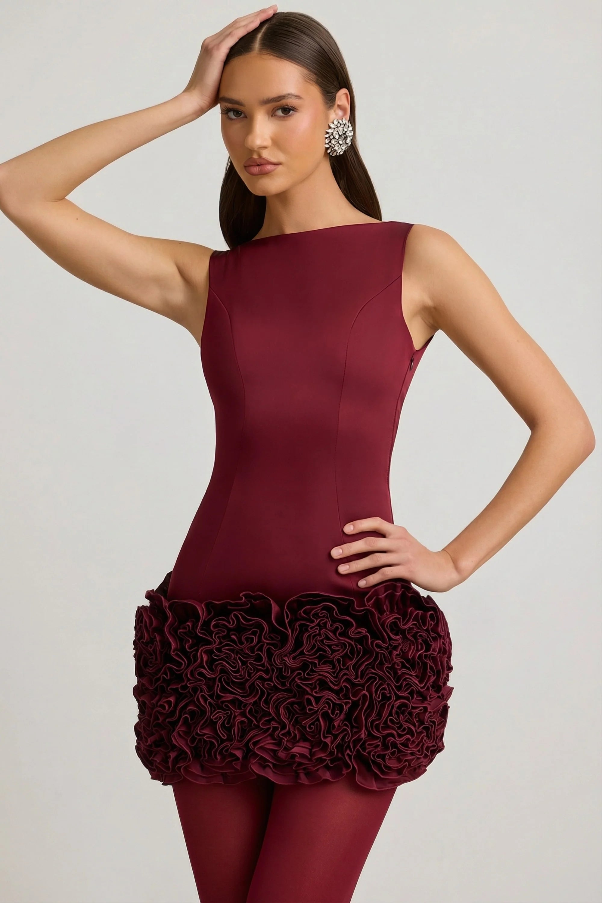Satin Floral Appliqué Open Back Mini Dress in Wine Red