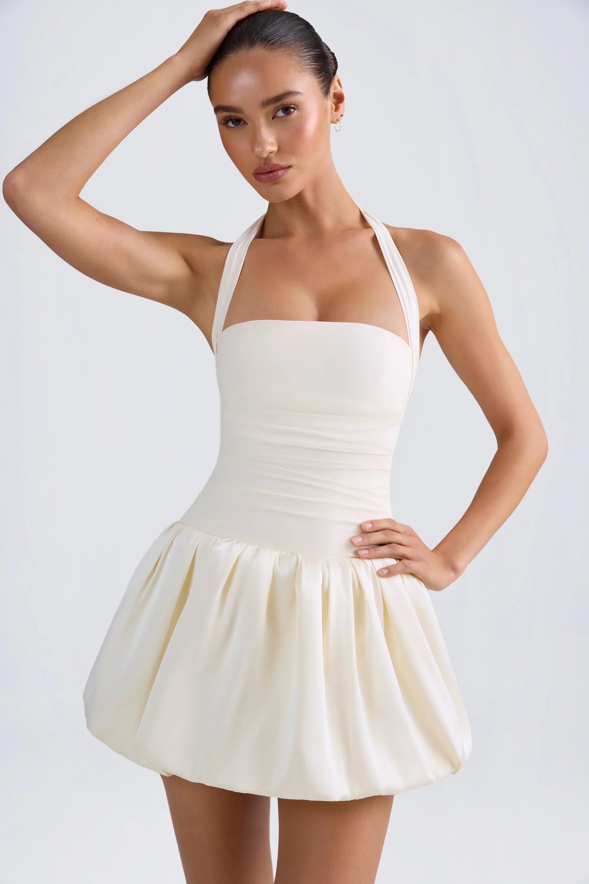 Halterneck Lace Up Bubble Hem Corset Micro Mini Dress in Ivory