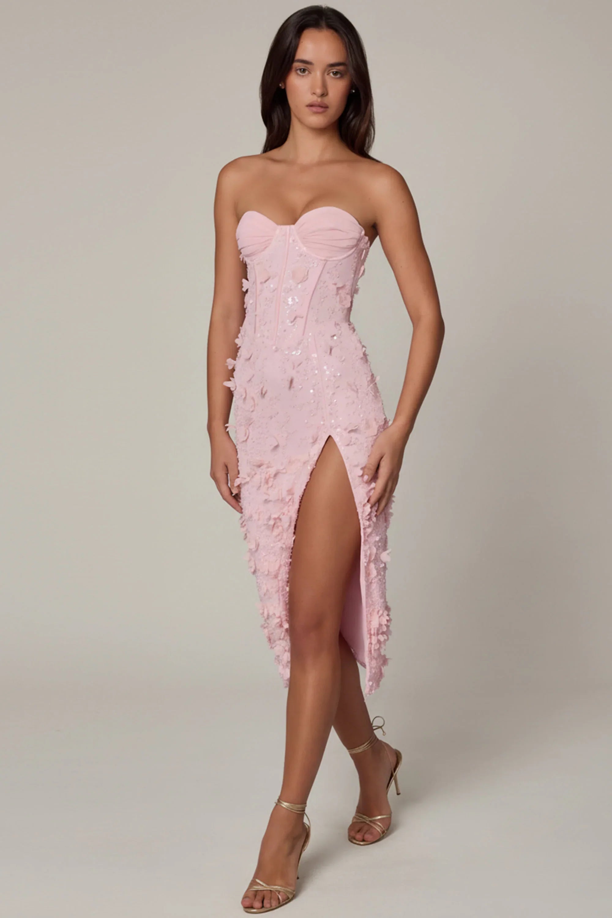 Lace Up Corset Midaxi Dress with Split in Soft Pink
