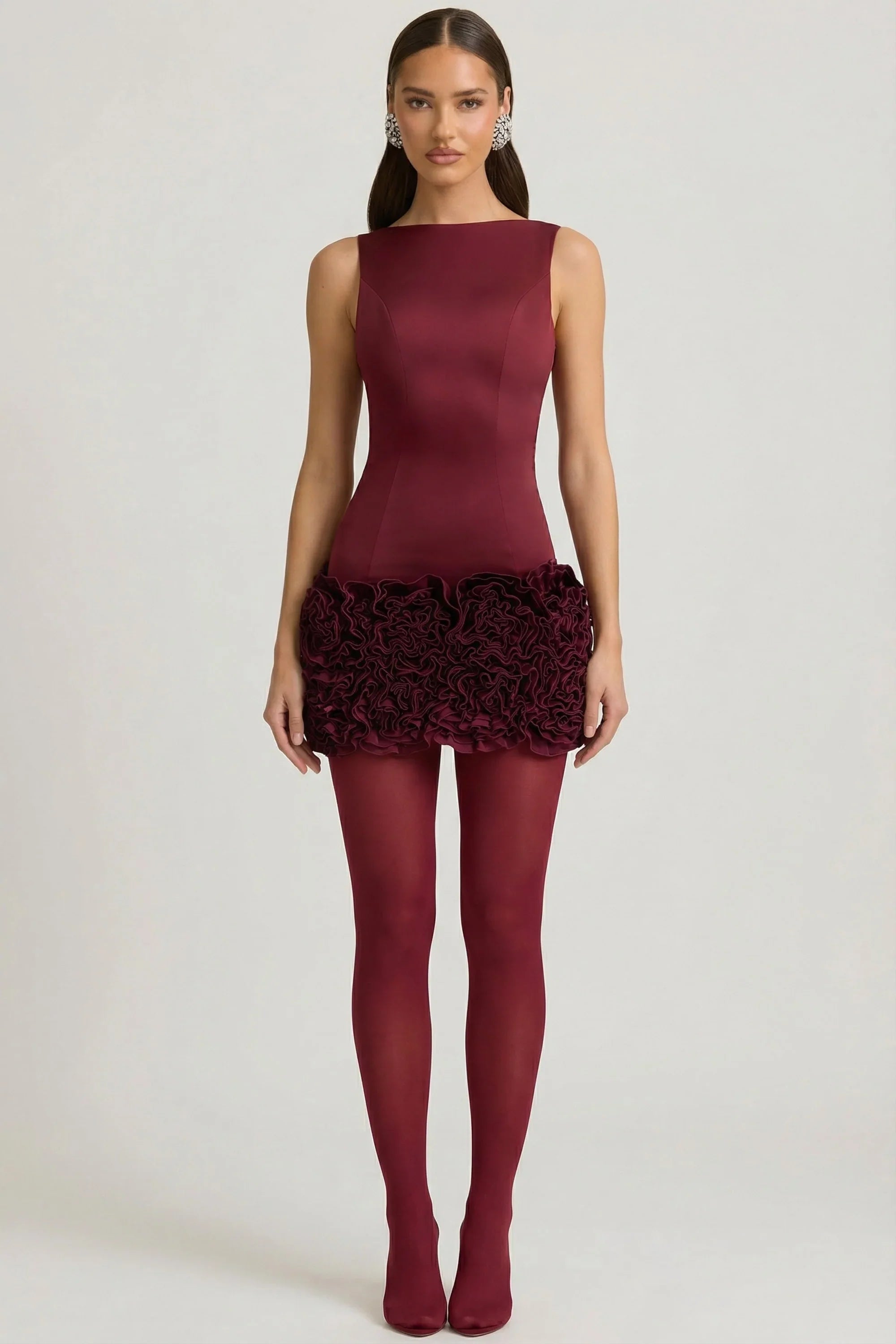 Satin Floral Appliqué Open Back Mini Dress in Wine Red