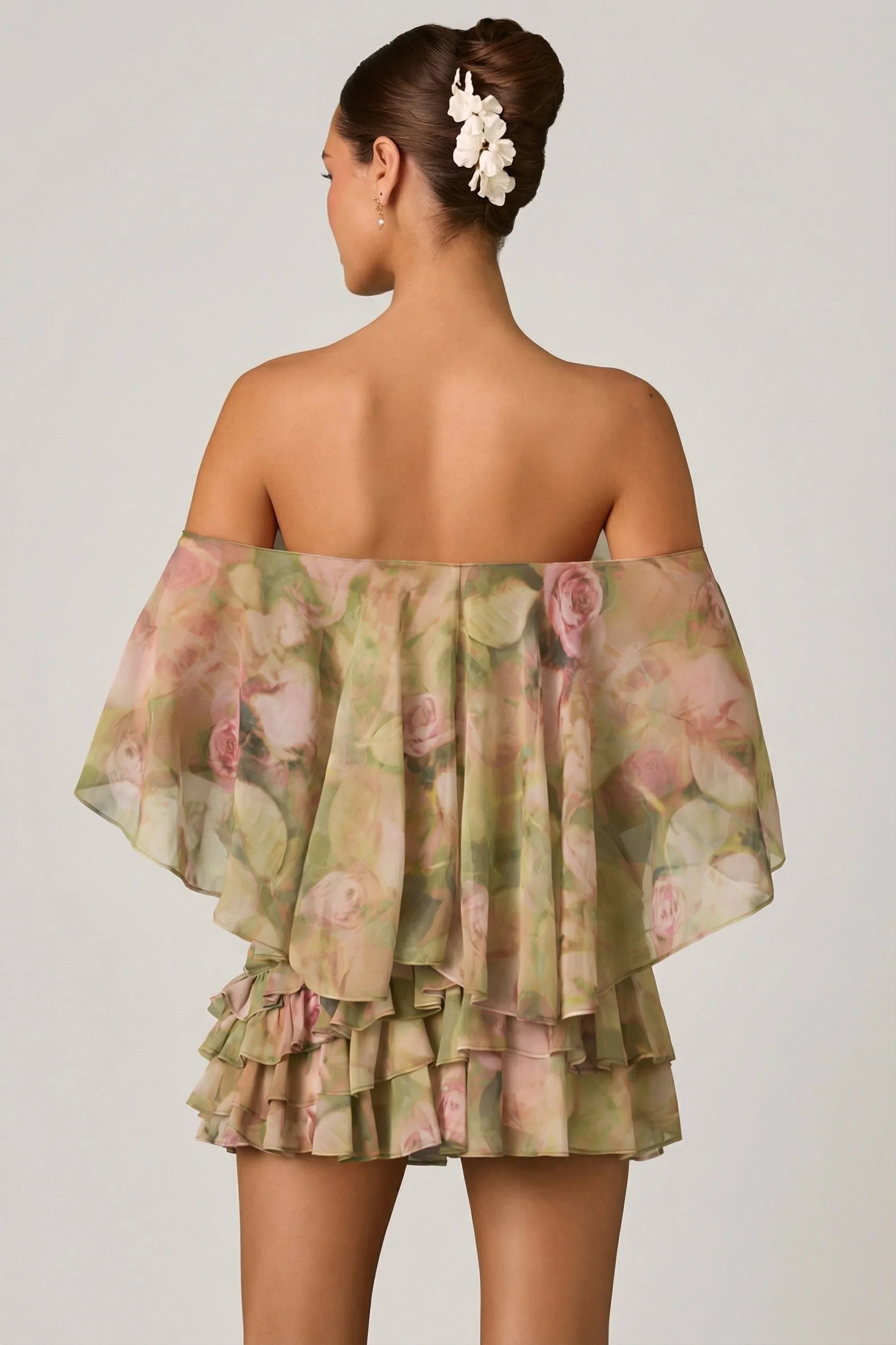 Off Shoulder Ruffled Mini Dress in Floral Multi Print