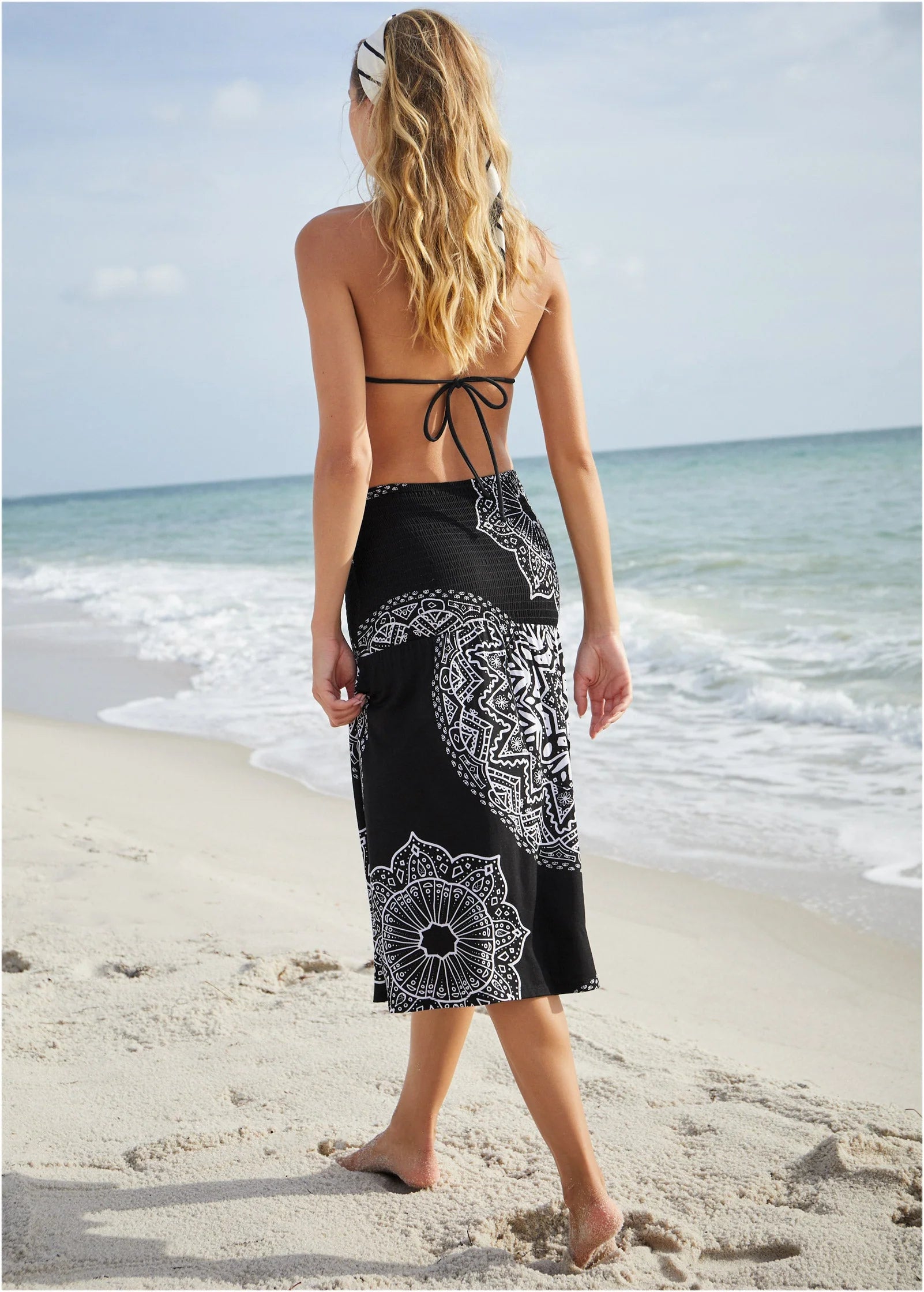 Convertible Cover Up Dress Ornate Medallion Black