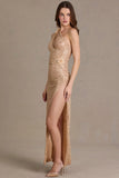 Embellished Asymmetric One Shoulder Maxi Dress in Beige Gold