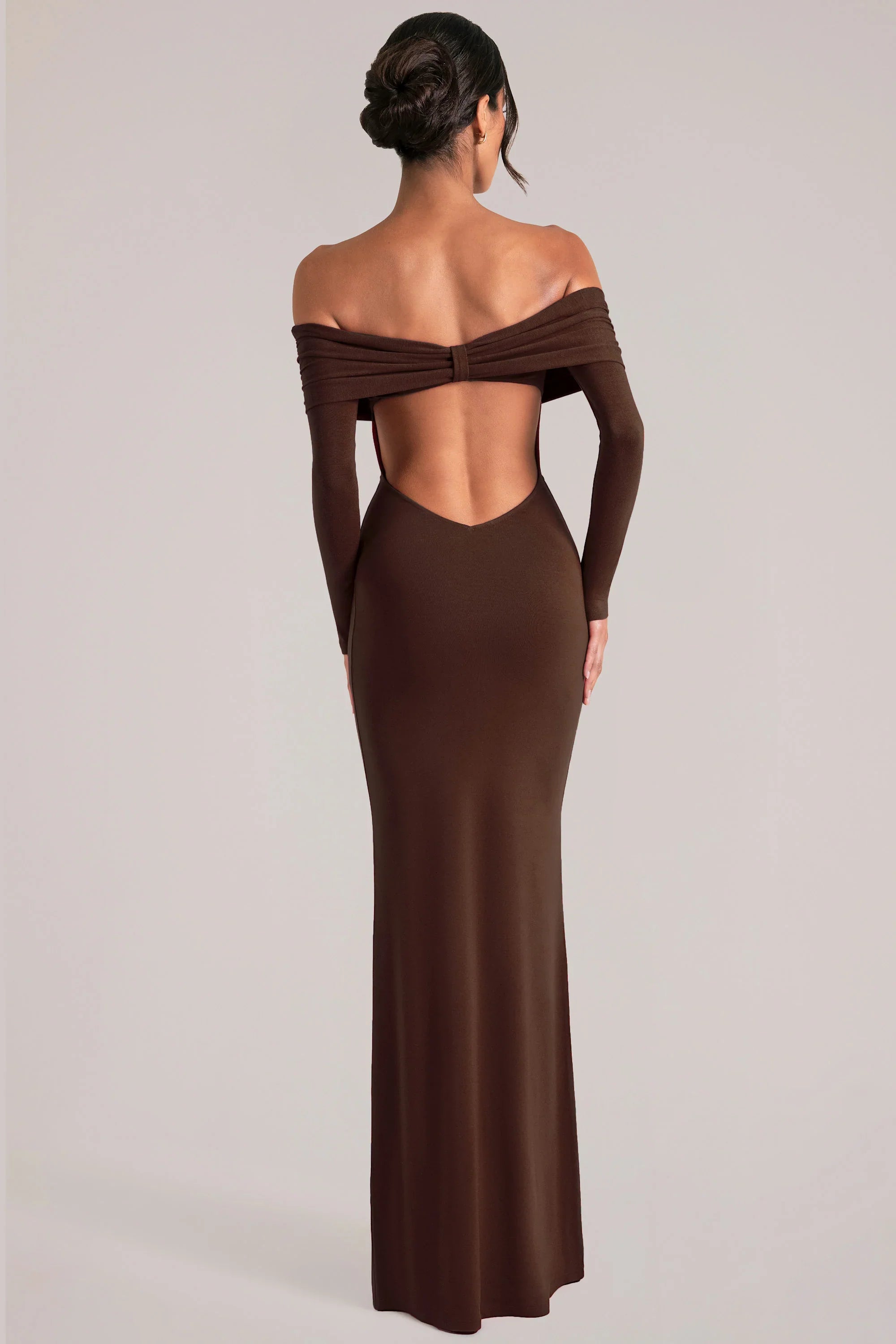 Off Shoulder Long Sleeve Maxi Dress in Chocolate Brown