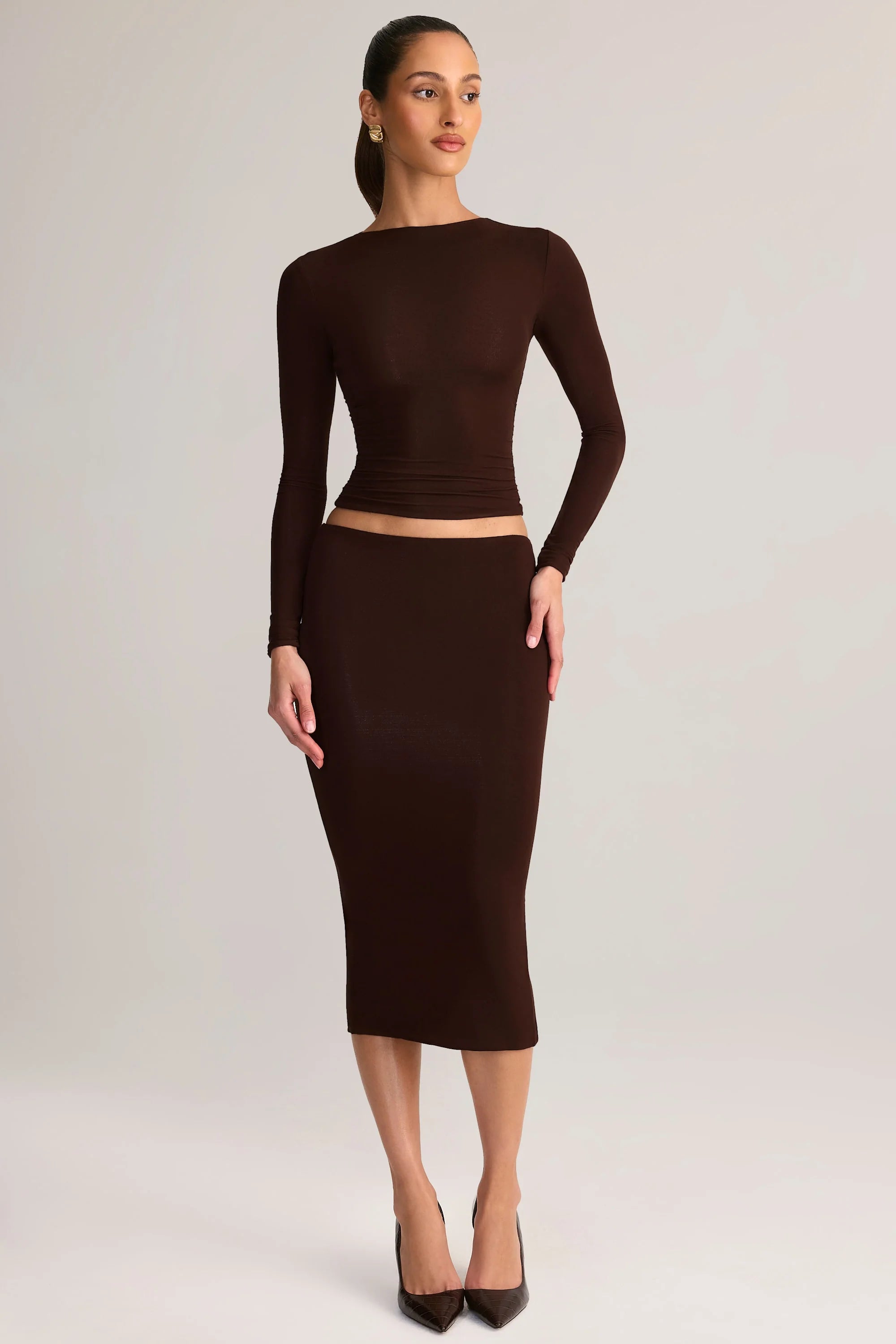 Modal Mid Rise Pencil Midi Skirt in Chocolate Brown
