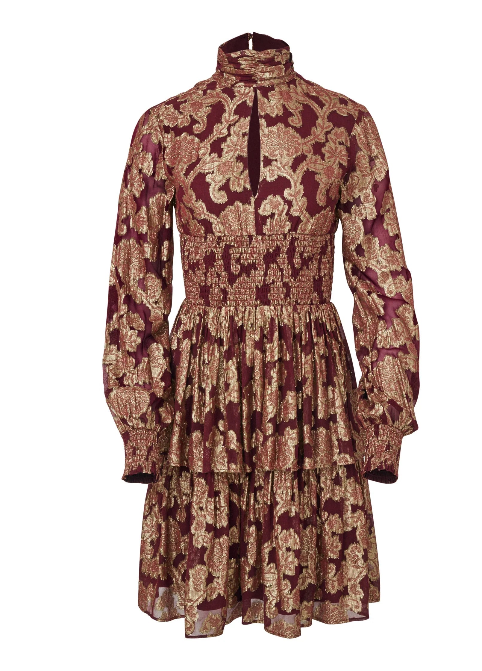 Smocked Waist Jaquard Mini Dress Wine Gold