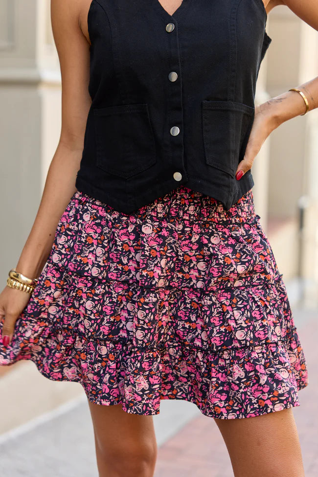 Through The Garden Black Pink Floral Mini Skort