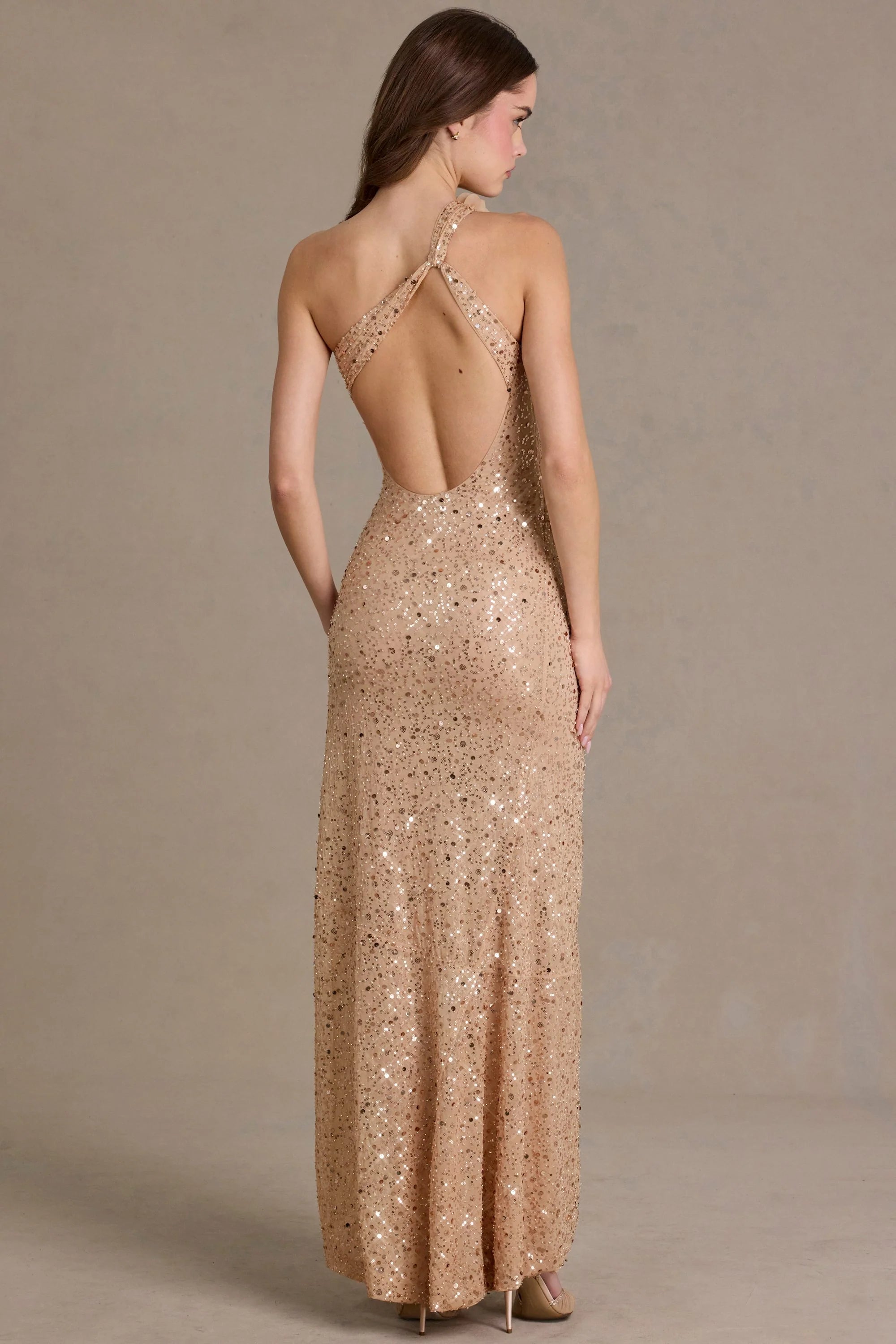 Embellished Asymmetric One Shoulder Maxi Dress in Beige Gold