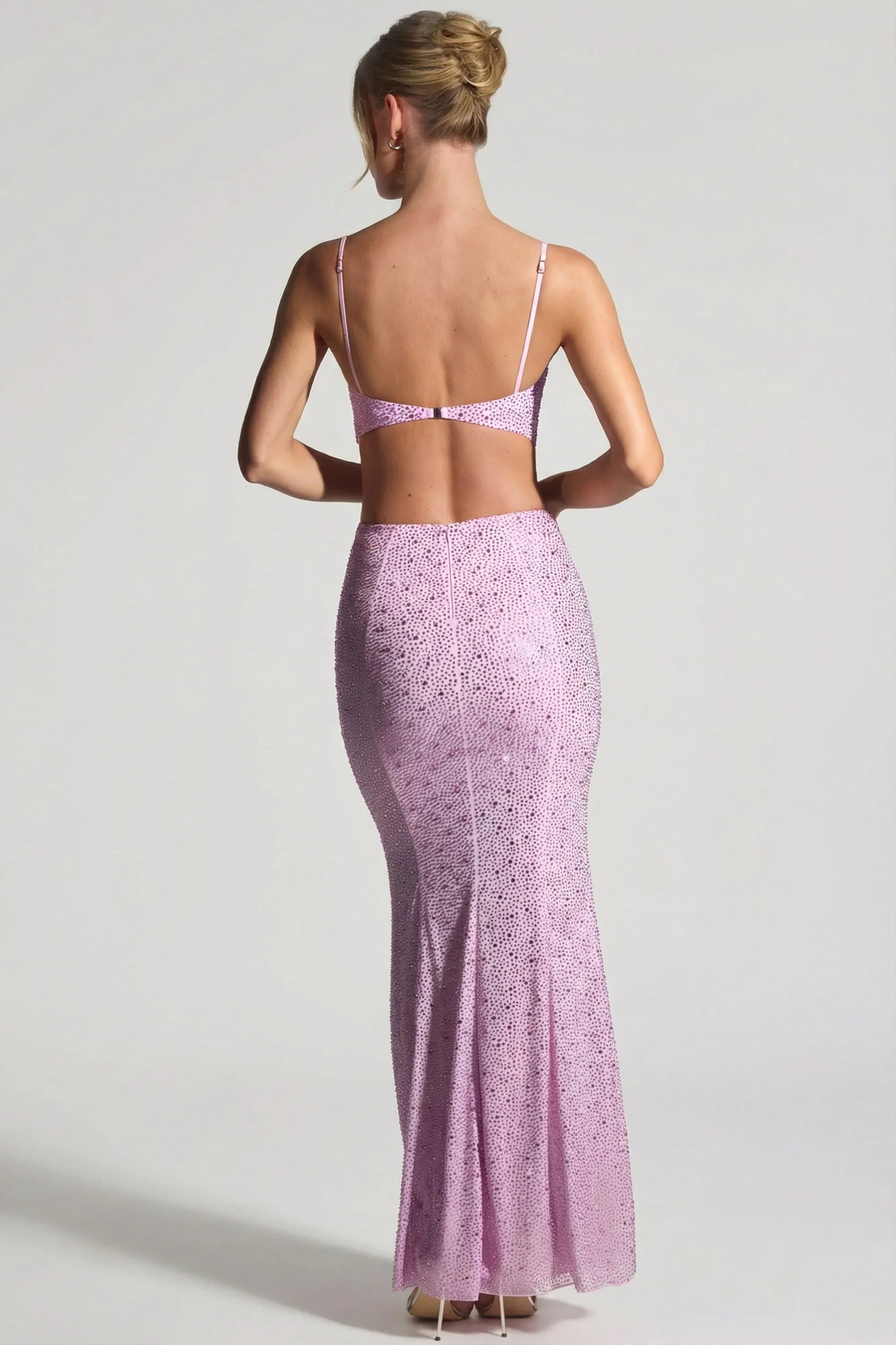 Embellished Cut Out Fishtail Maxi Dress in Peony Pink