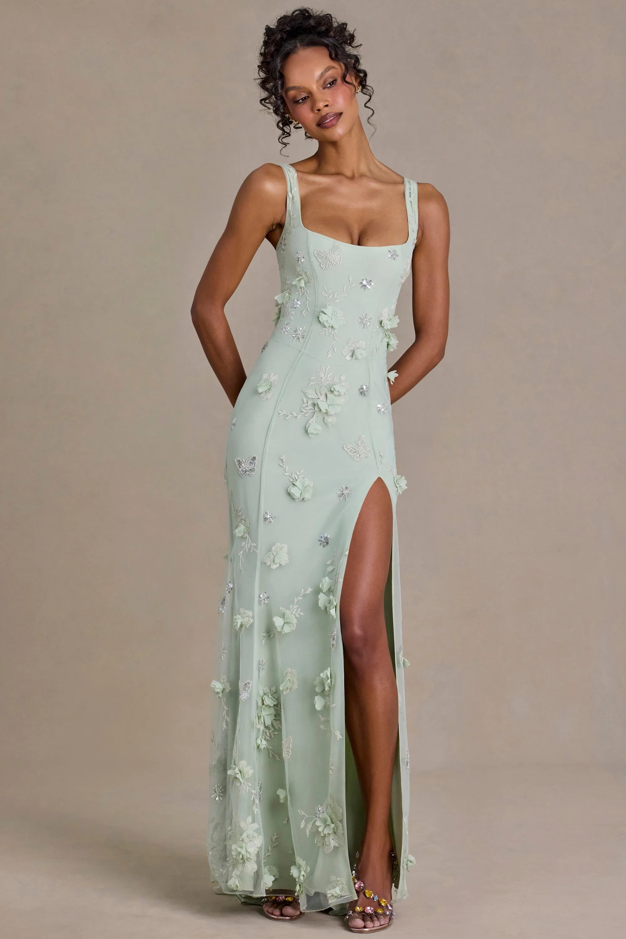 Embellished Corset Gown in Sage Green