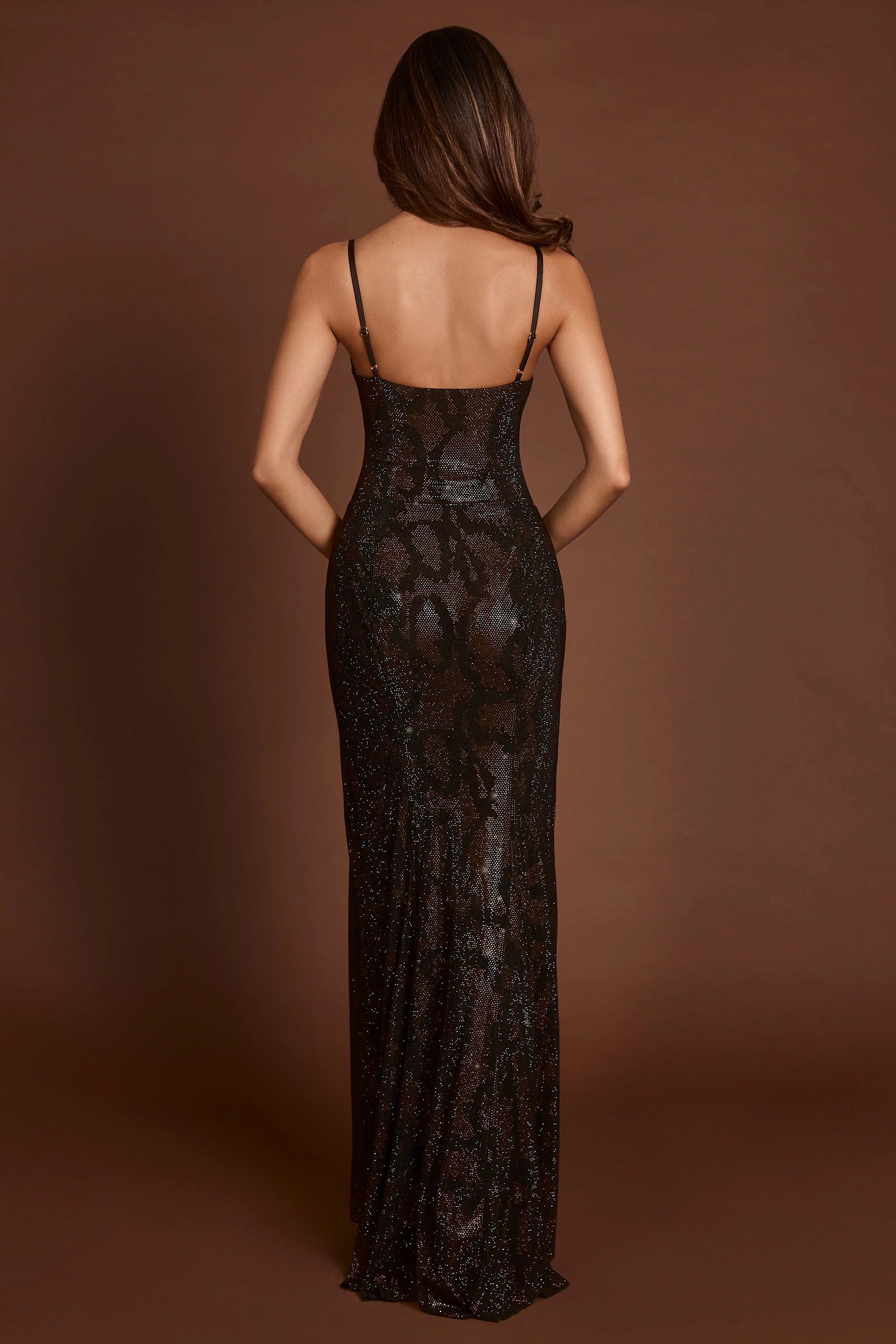 Embellished Peekaboo Cowl Neck Dress in Brown Snake