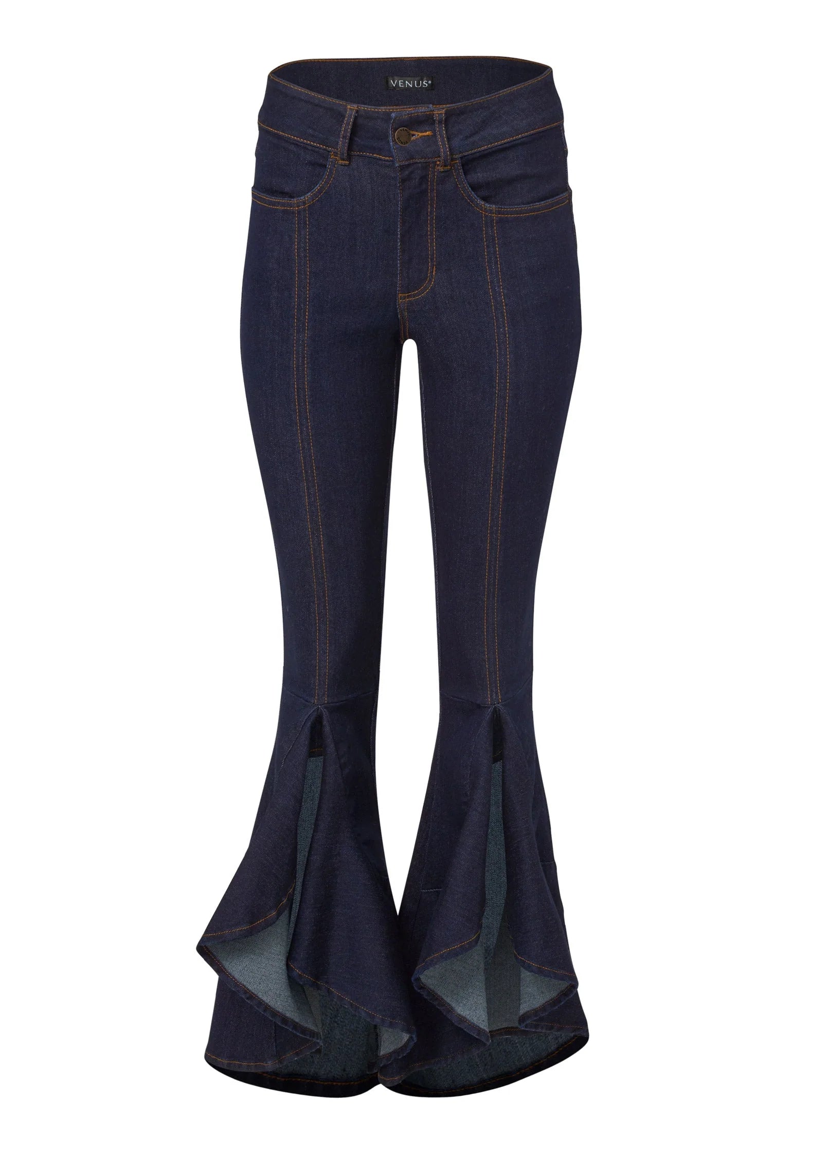 Ruffle Slit Hem Jeans Indigo Blue