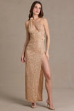 Embellished Asymmetric One Shoulder Maxi Dress in Beige Gold