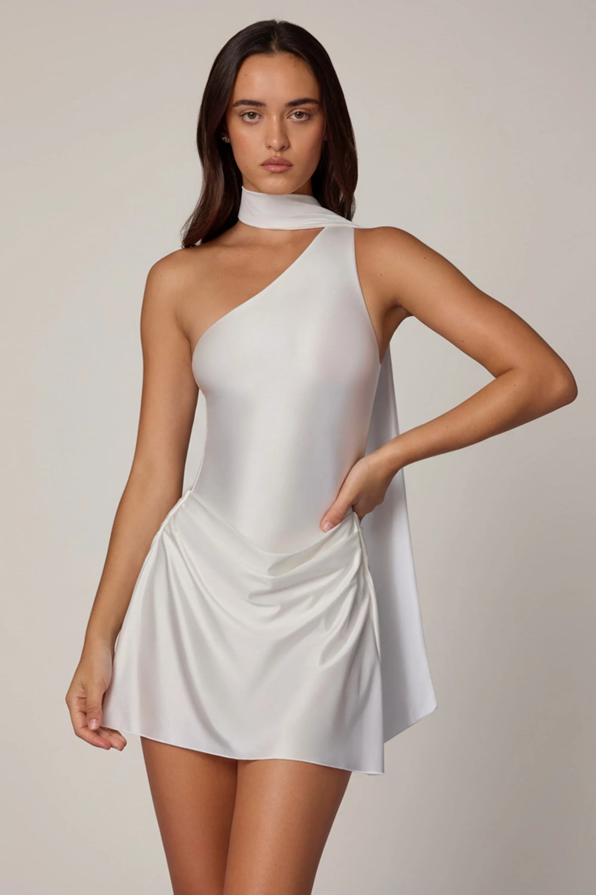Asymmetric Scarf Detail Mini Dress in White