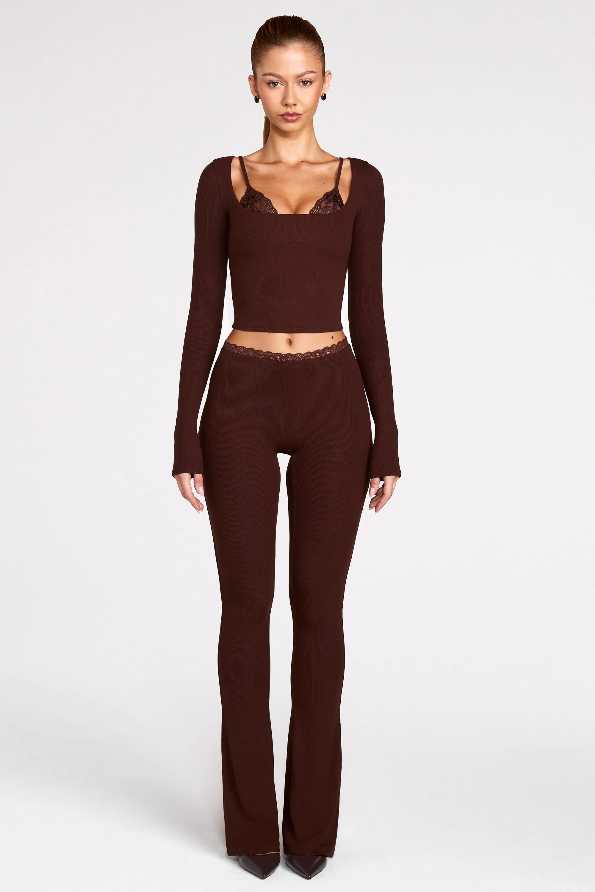 Ribbed Modal Long Sleeve Laced Bra Top in Chocolate Brown