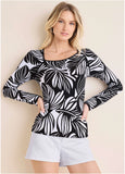 Asymmetric Neck Top Black Contrast Bold Leaves