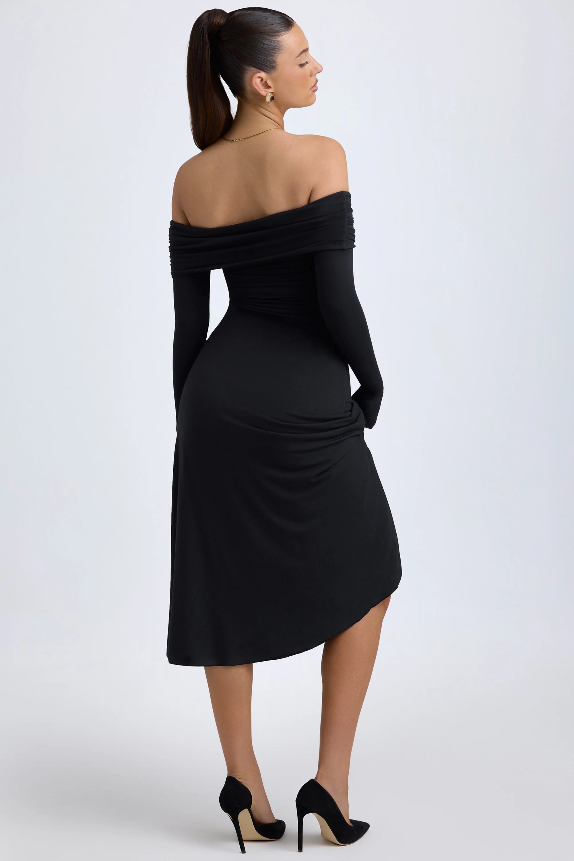 Modal Off Shoulder Ruched Midaxi Dress in Black