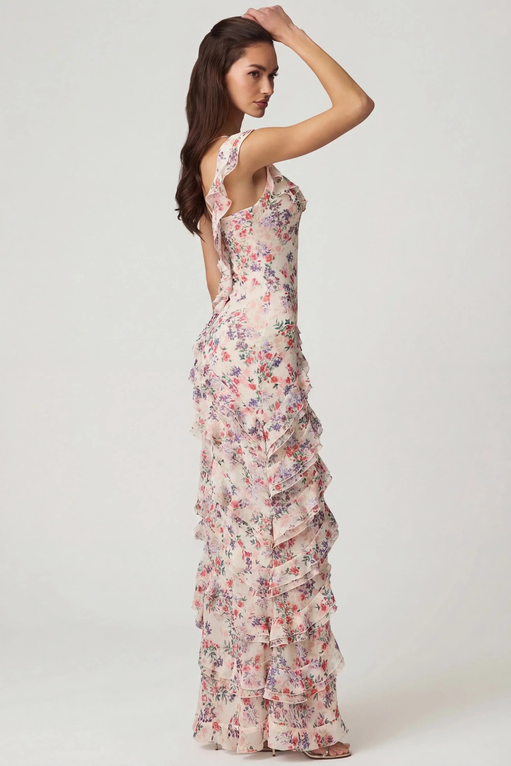 Asymmetric Ruffled Lace Up Gown in Primrose Floral Print