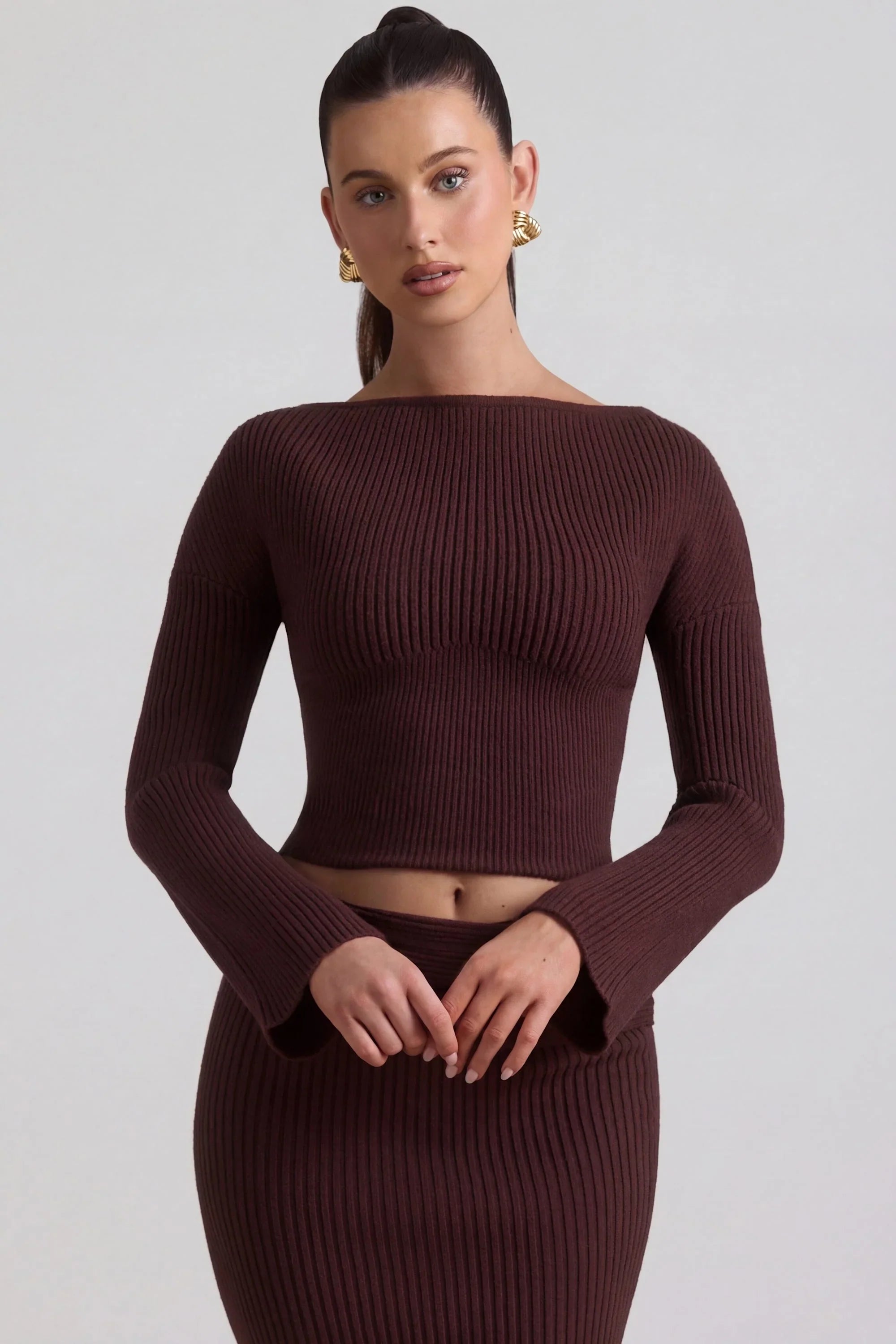 Ribbed Knit Slash Neck Top in Espresso