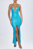 Embellished Cut Out Halterneck Maxi Dress in Turquoise