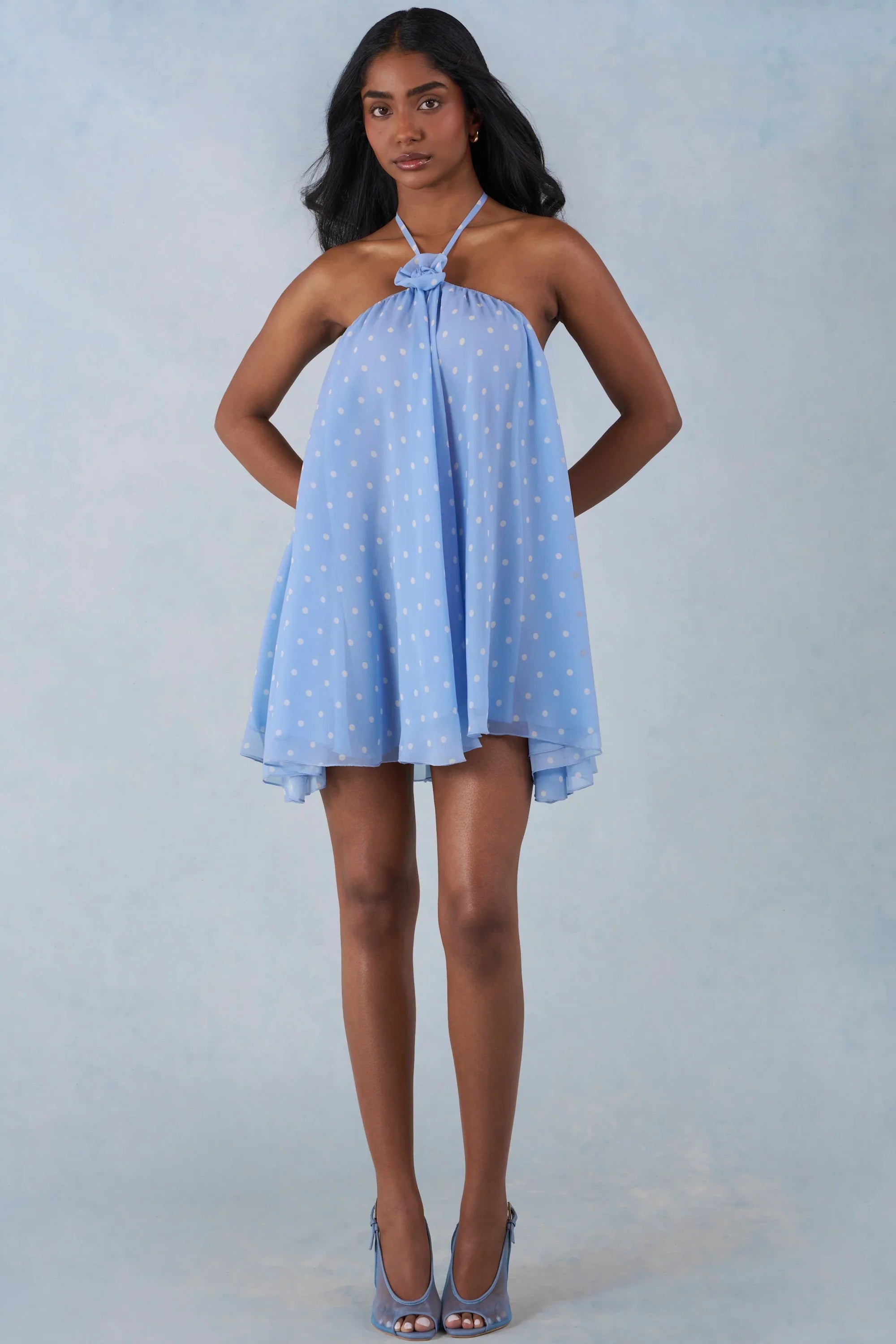 Halterneck Babydoll Mini Dress in Blue Polka Dot Print