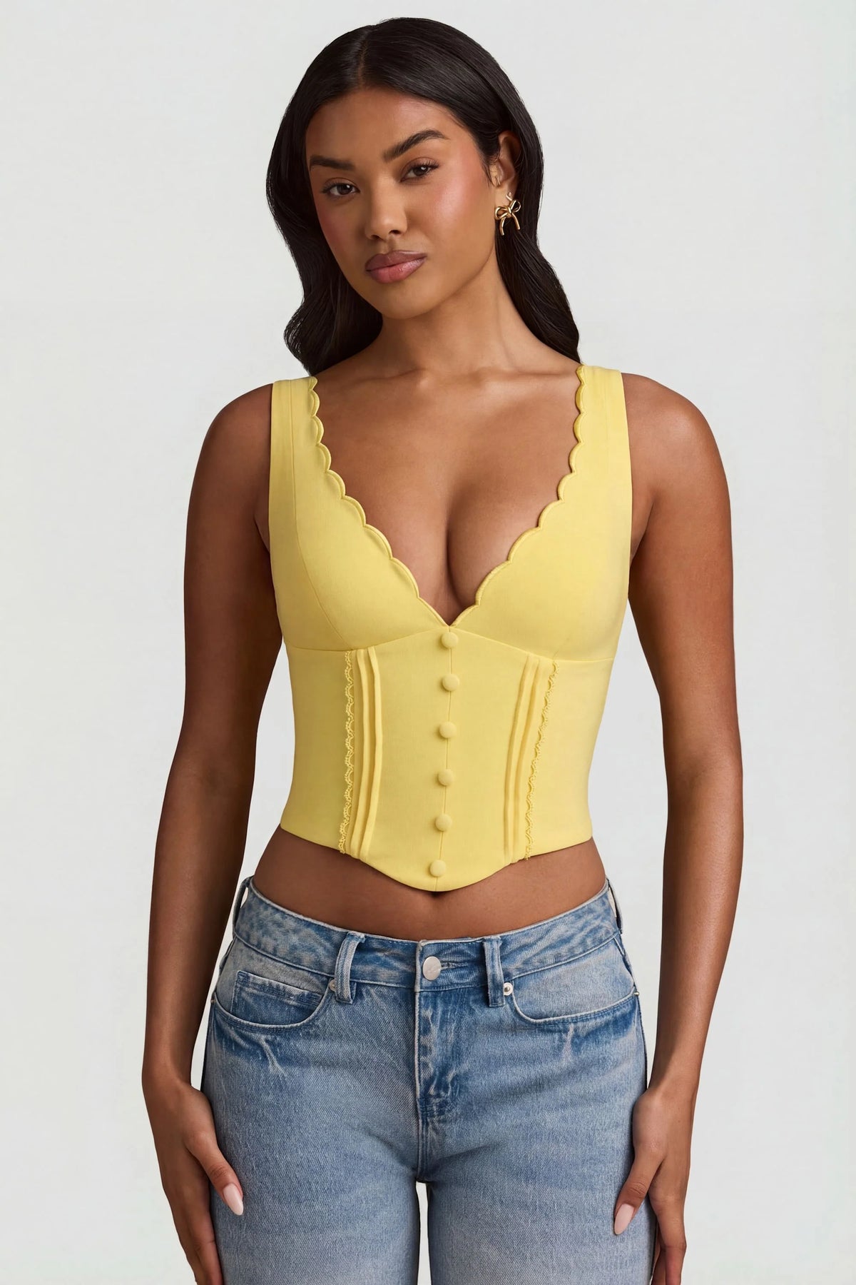 Plunge Neck Scalloped Corset Top in Pastel Yellow