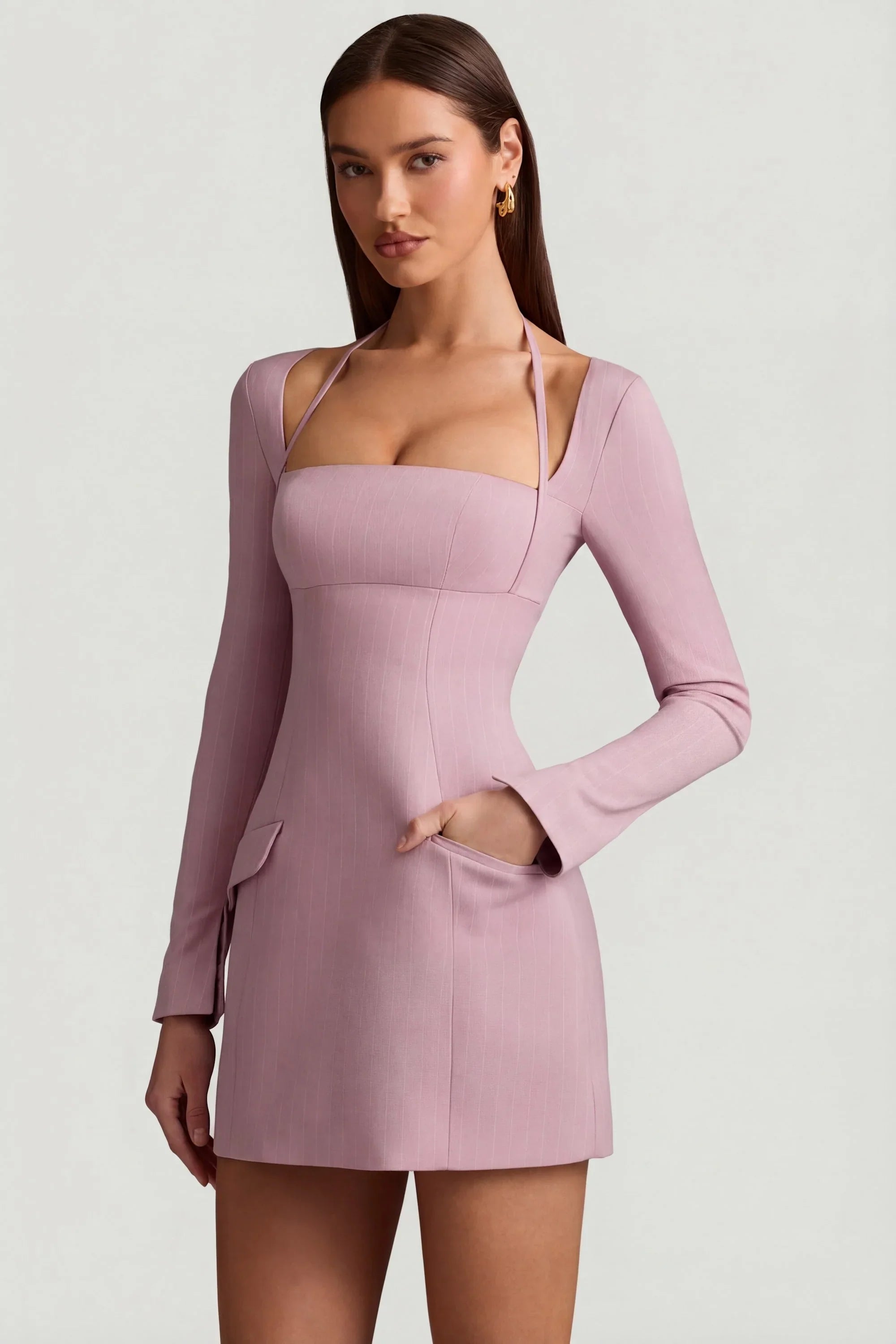 Pinstripe Structured A Line Mini Dress in Mauve