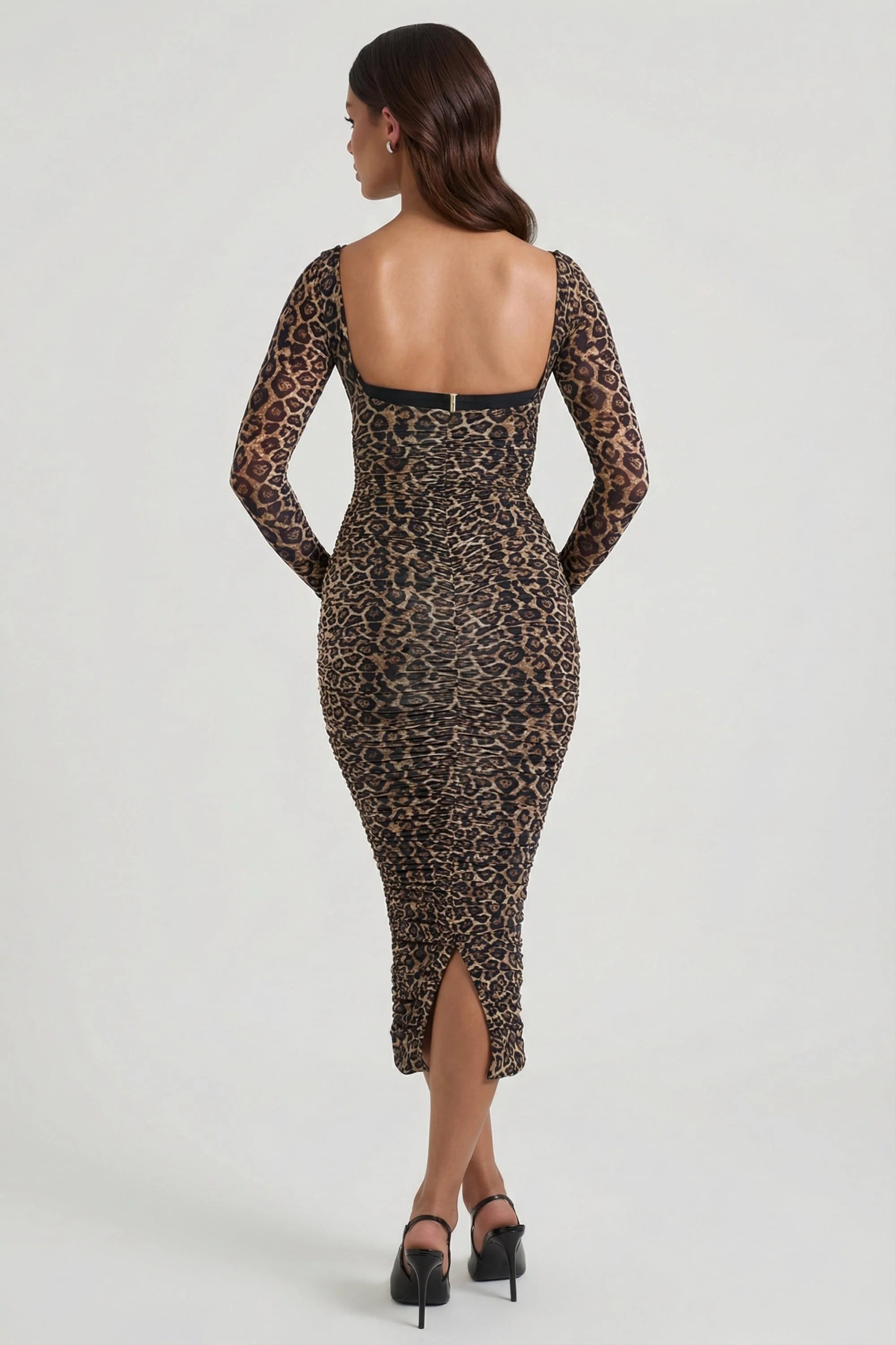 Layered Bra Detail Ruched Midaxi Dress in Leopard Print