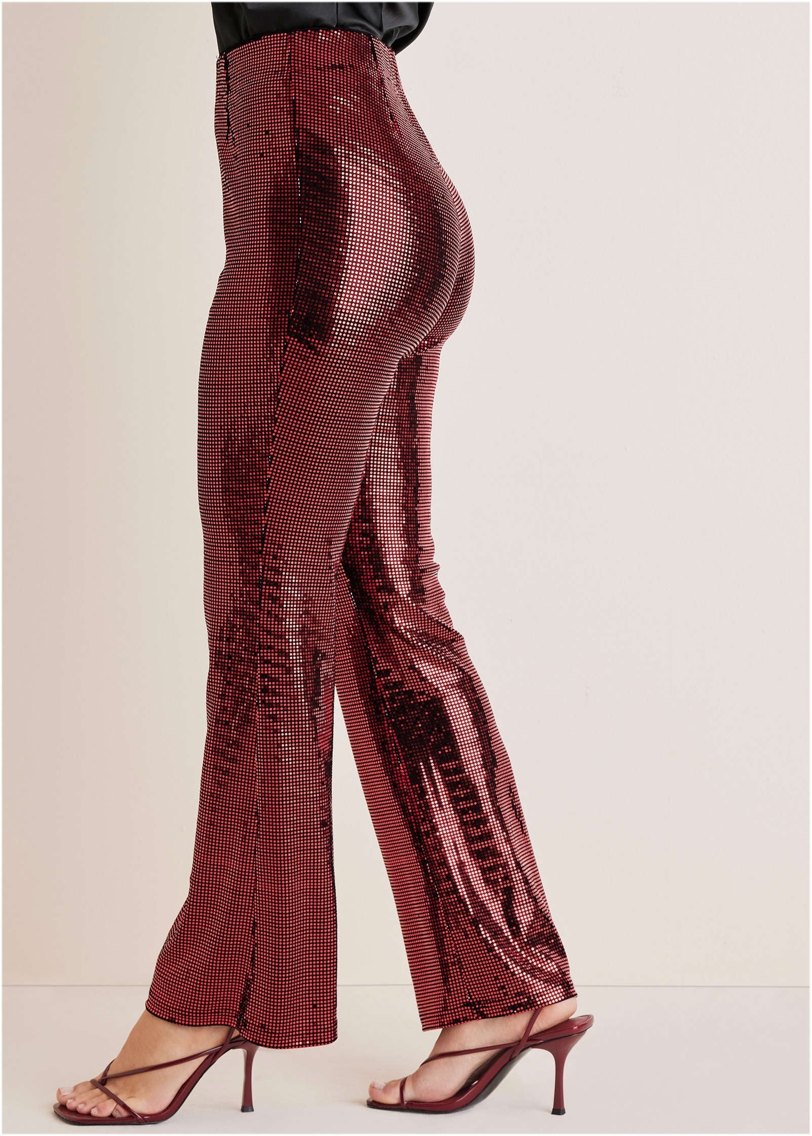 Sequin Flare Leg Pants Red Black