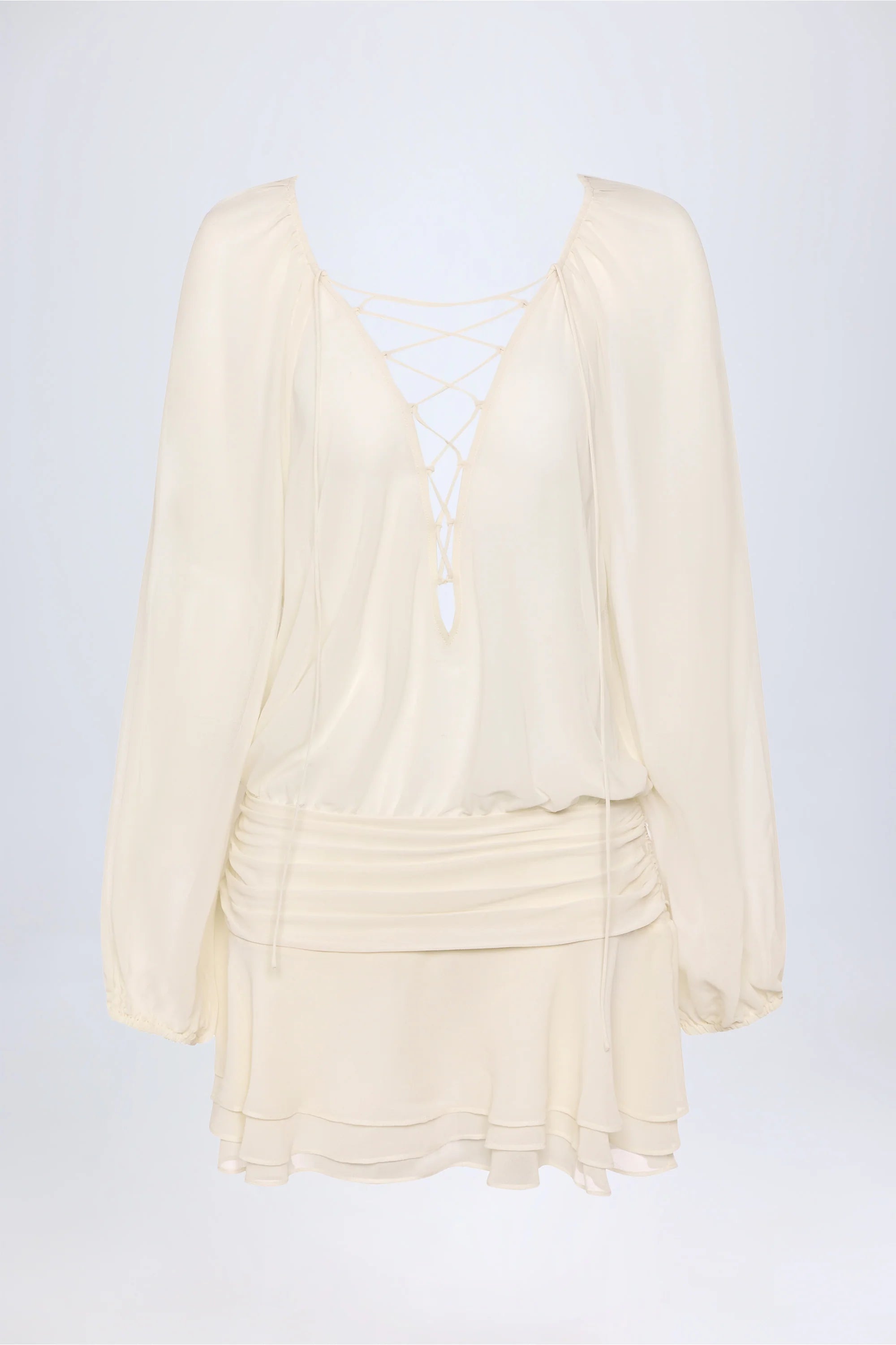 Lace Up Balloon Sleeve Mini Dress in Ivory
