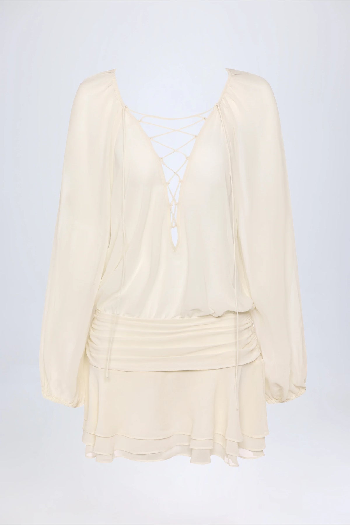 Lace Up Balloon Sleeve Mini Dress in Ivory