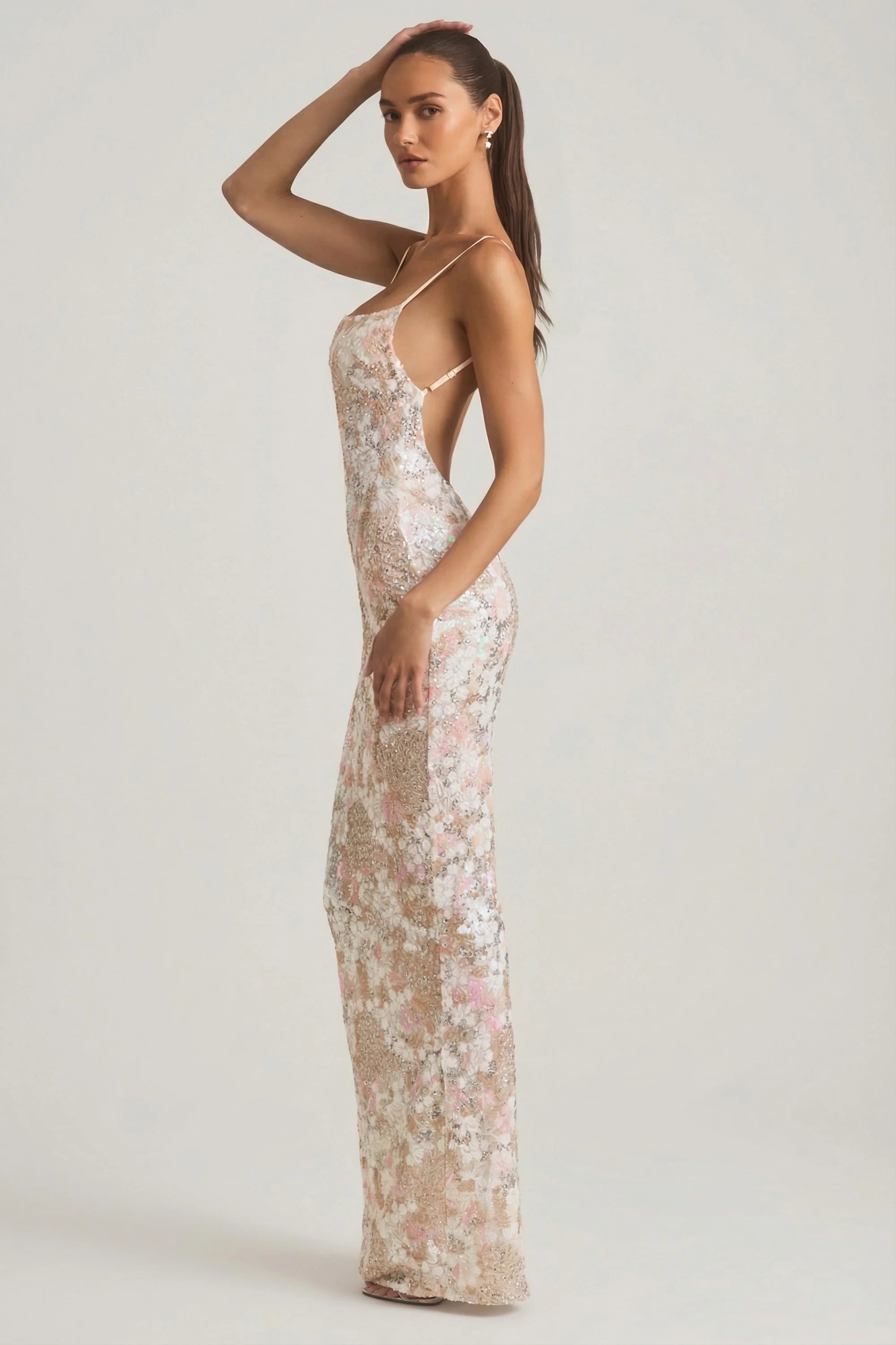 Embellished Scoop Neck Backless Maxi Dress in Ivory