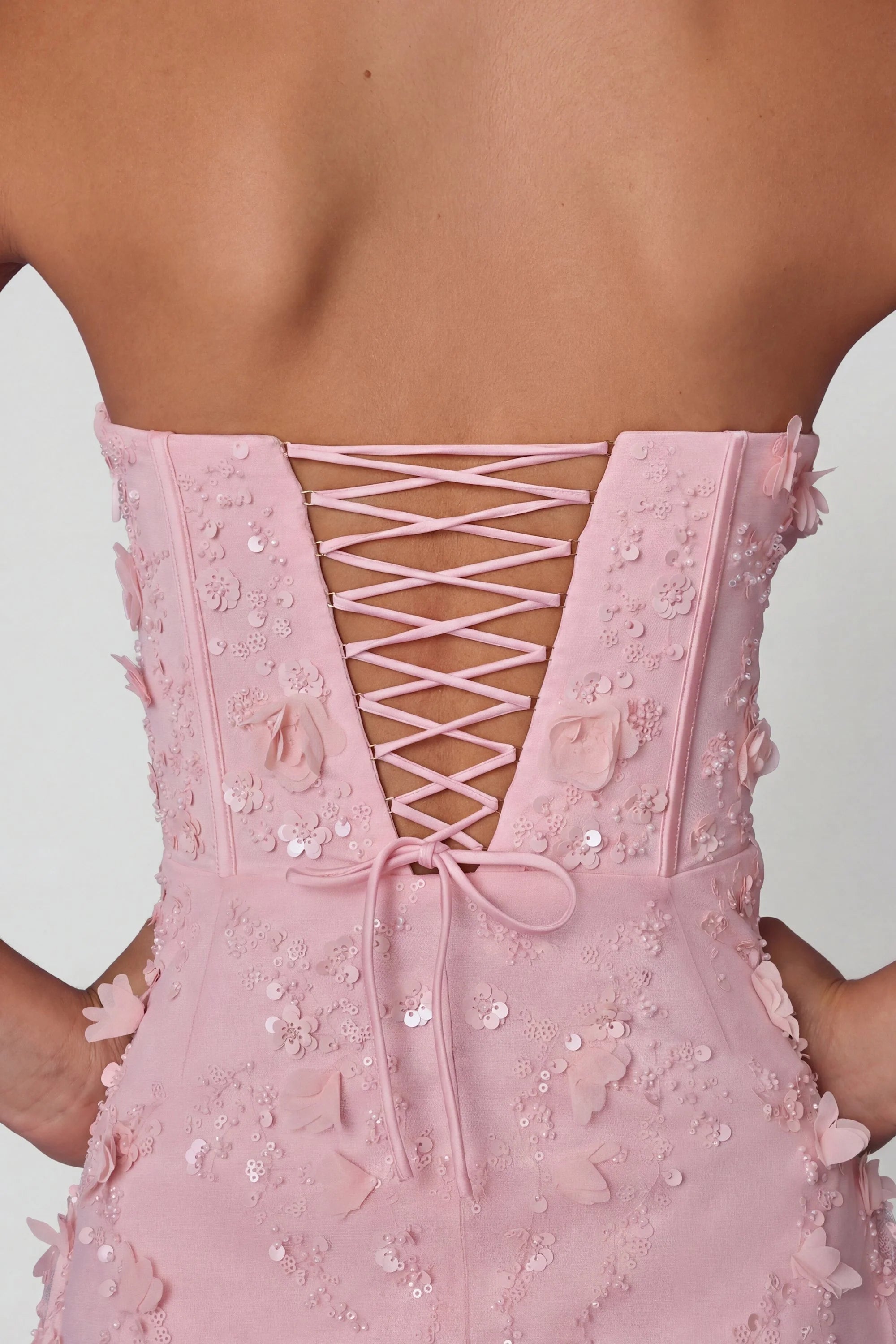 Lace Up Corset Midaxi Dress with Split in Soft Pink