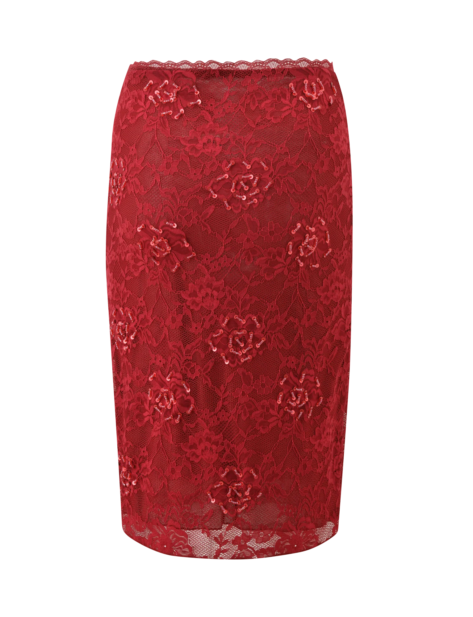 KIRRA BEADED SEQUIN LACE MIDI SKIRT RED