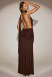 Soft Jersey Plunge Halterneck Maxi Dress in Chocolate Brown